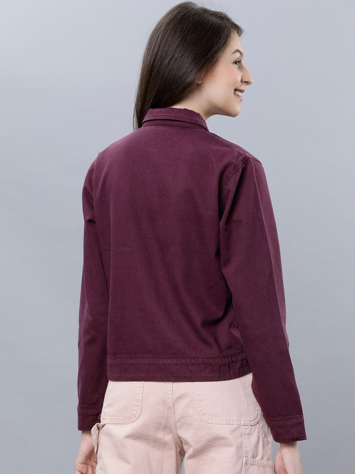 Tokyo Talkies Women Burgundy Solid Denim Jacket