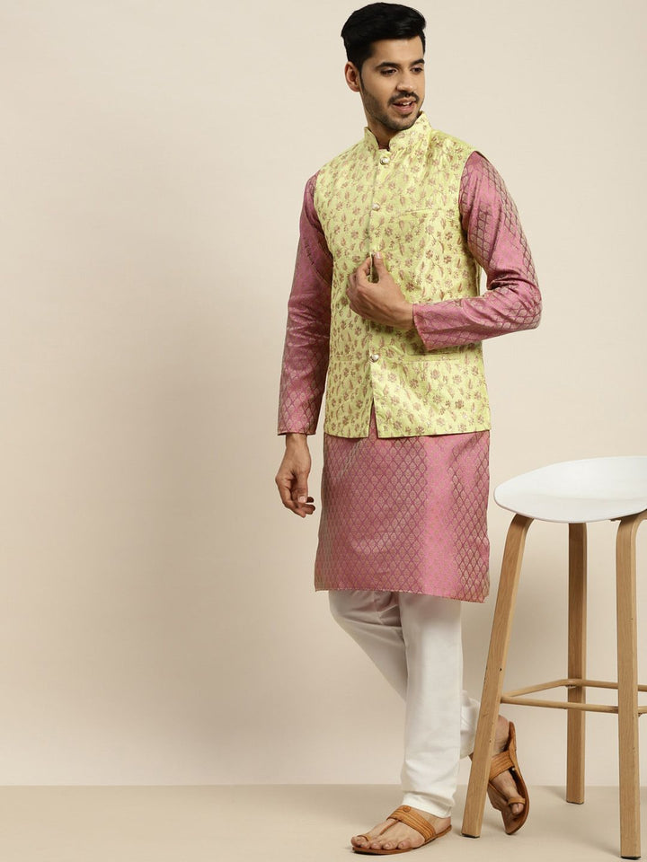 SOJANYA Ethnic Motifs Woven Design Mandarin Collar Kurta With Pyjamas & Nehru Jacket
