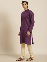 SOJANYA Lelaki Aubergine Striped Cotton Straight Kurta