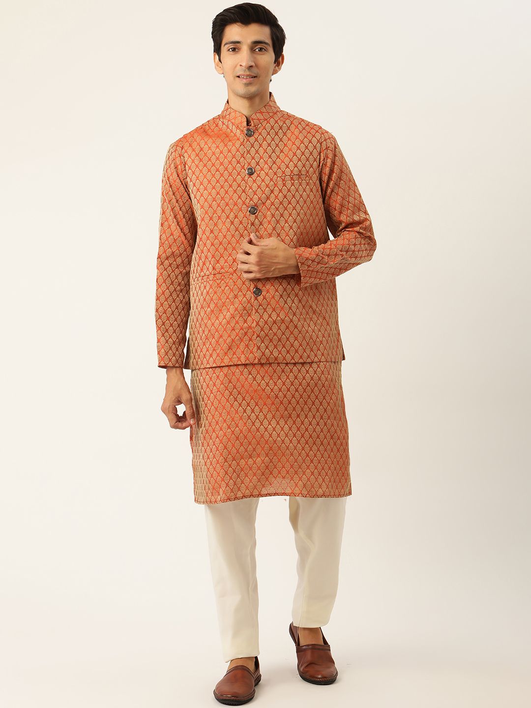 SOJANYA Men Rust Orange & Off-White Jacquard Kurta with Churidar & Nehru Jacket