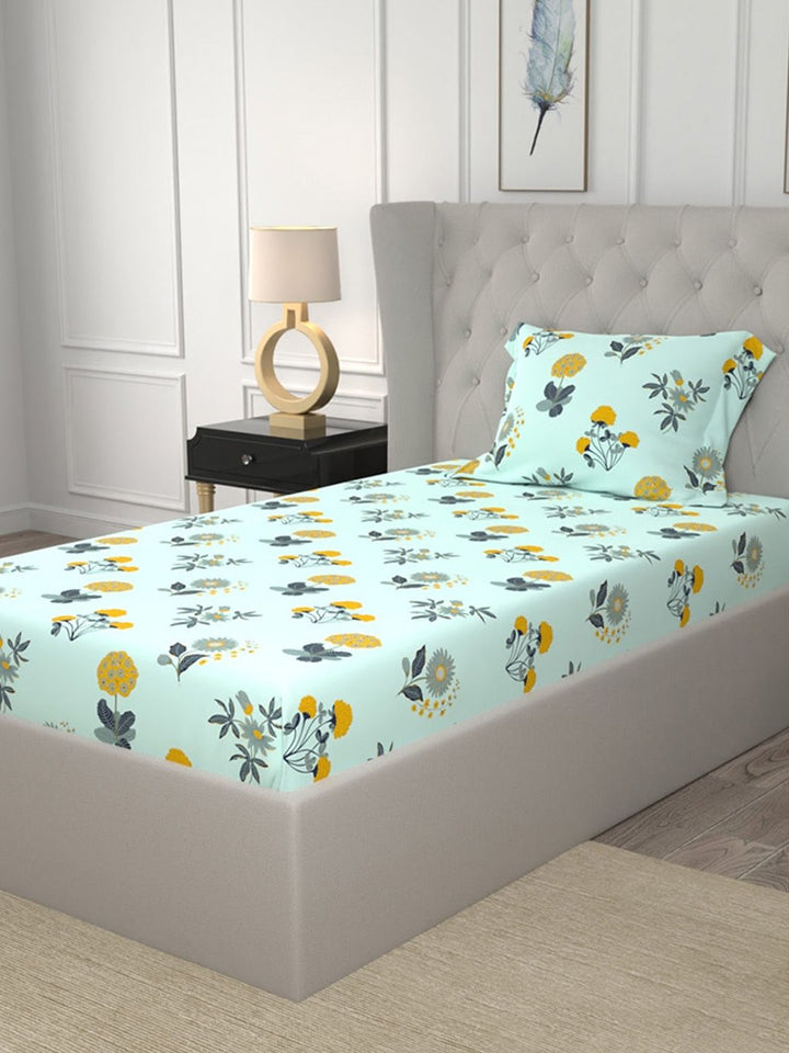 URBAN SPACE Radiance Sky Blue 200 TC Floral Single Bedsheet