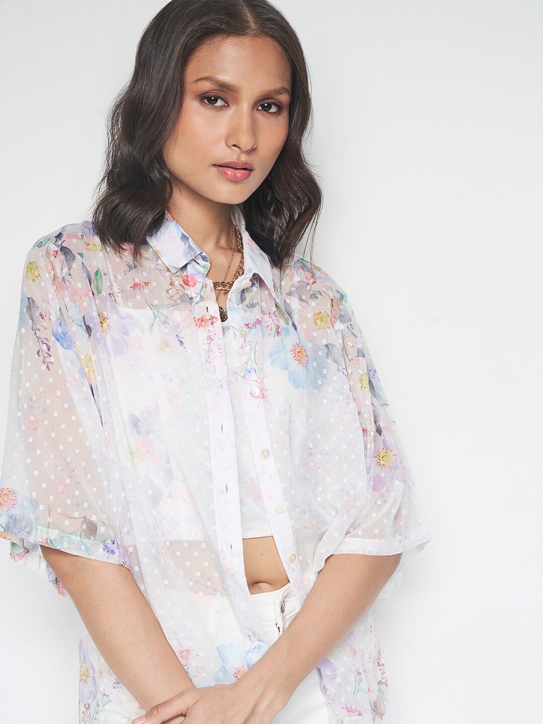 AND Floral Printed Shirt Style Top With Inner Slip