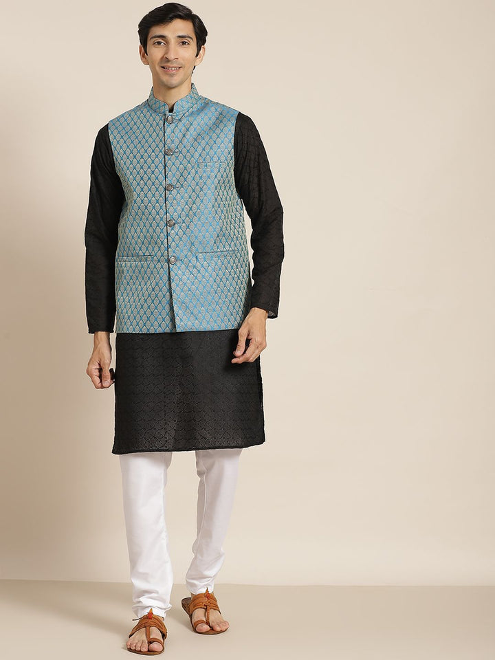 SOJANYA Lelaki Black Chikankari Pure Cotton Kurta with Churidar & Nehru Jacket