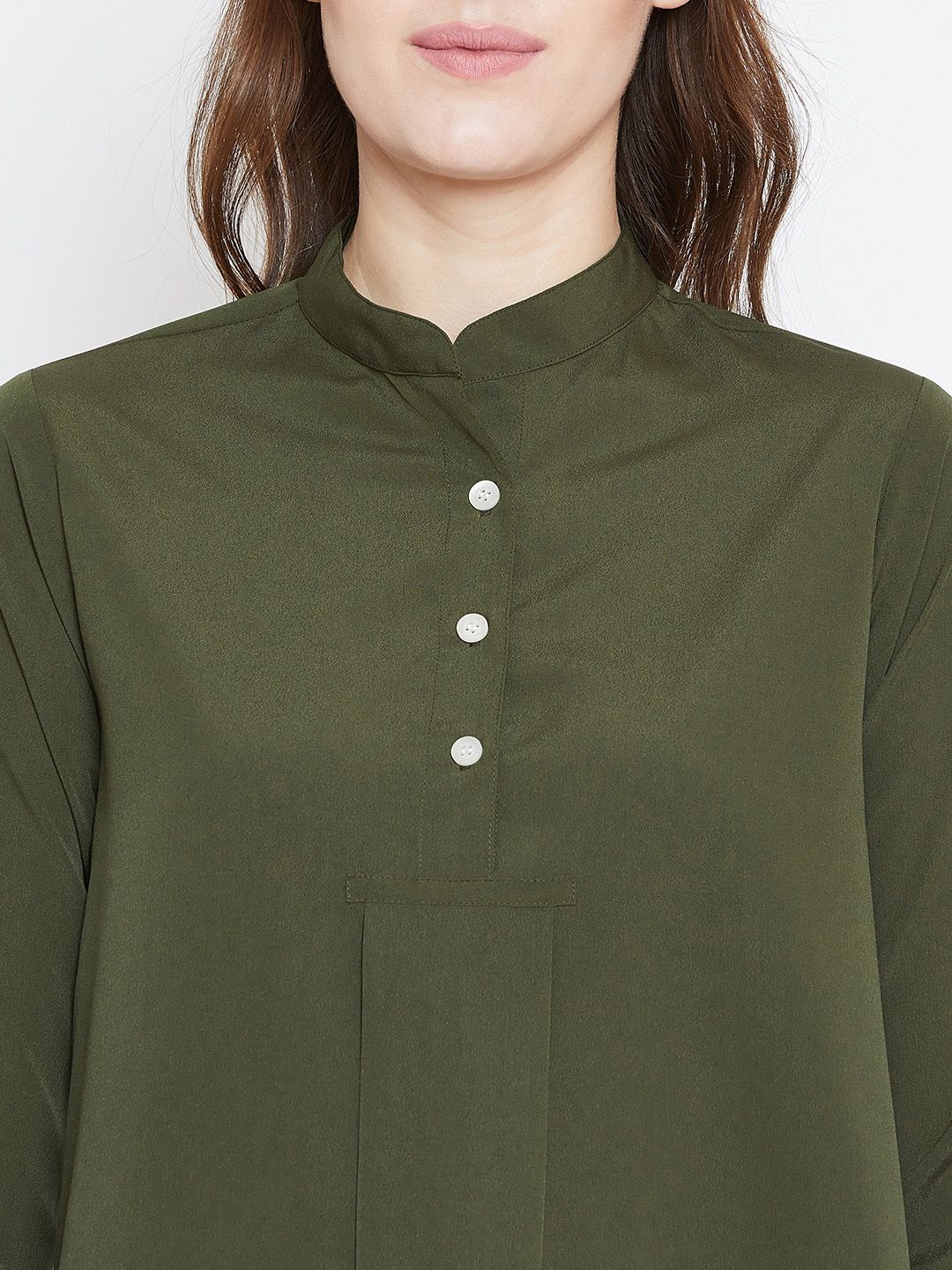 Berrylush Women Olive Green Solid High-Low Top