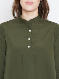 Berrylush Women Olive Green Solid High-Low Top