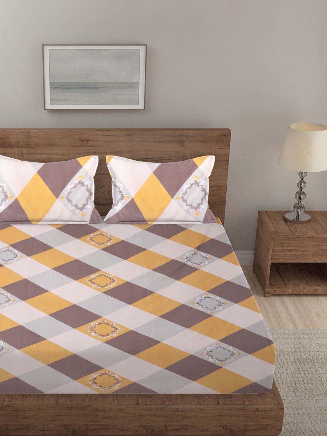 KLOTTHE Berbilang Warna Kapas Geometrik 300 TC Cadar King Halus dengan 2 Sarung Bantal-98 x 89 inci