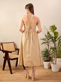 SASSAFRAS Beige Shoulder Straps Pure Cotton A-Line Midi Dress