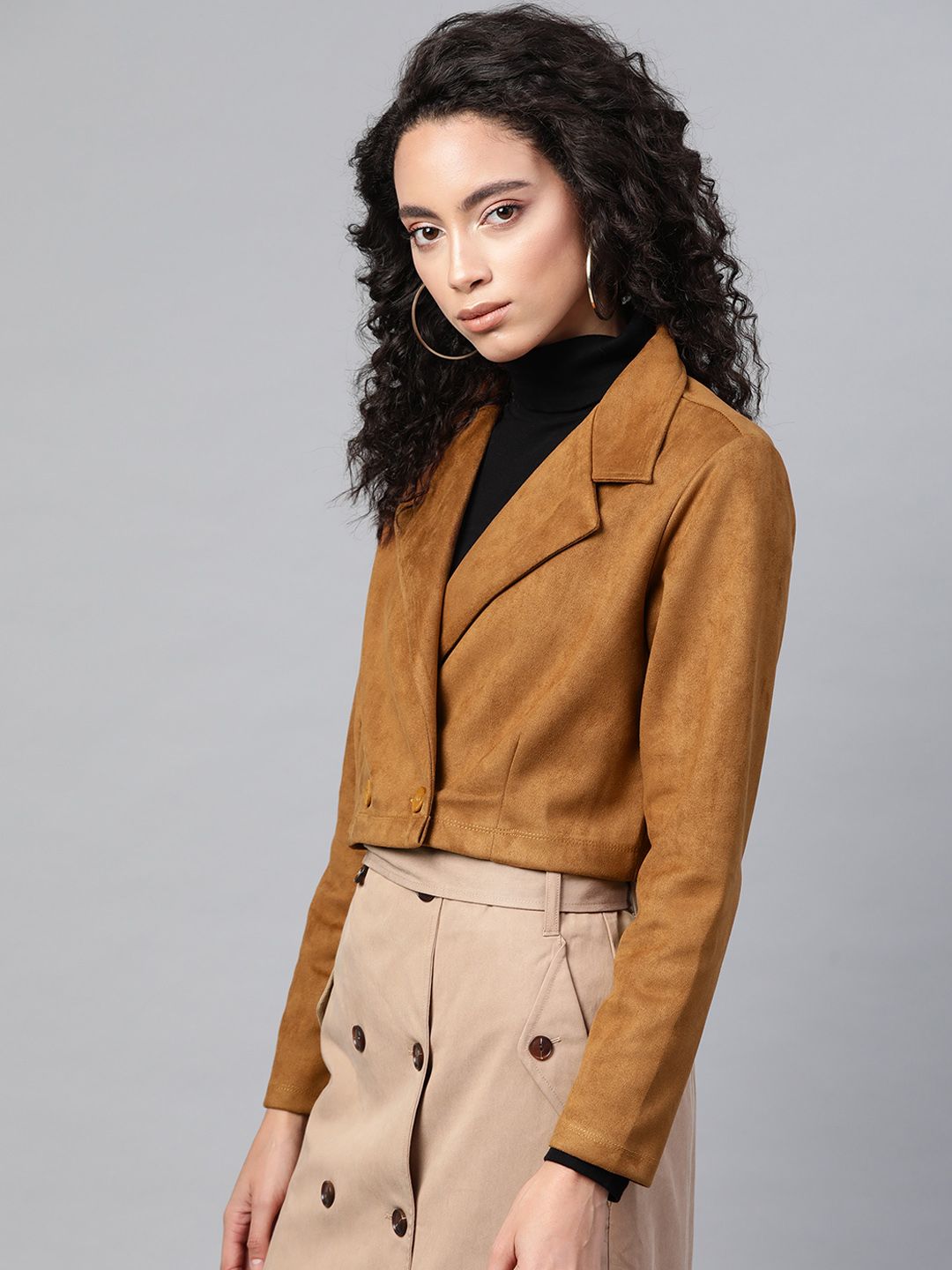 SASSAFRAS Women Brown Comfort Fit Suede Finish Double-Breasted Cropped Blazer