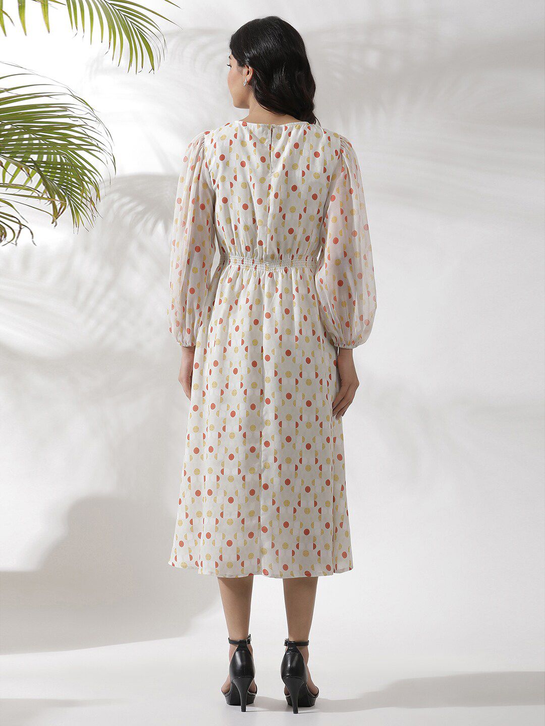 W Polka Dots Print Puff Sleeve Fit & Flare Midi Dress