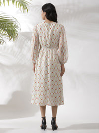 W Polka Dots Print Puff Sleeve Fit & Flare Midi Dress