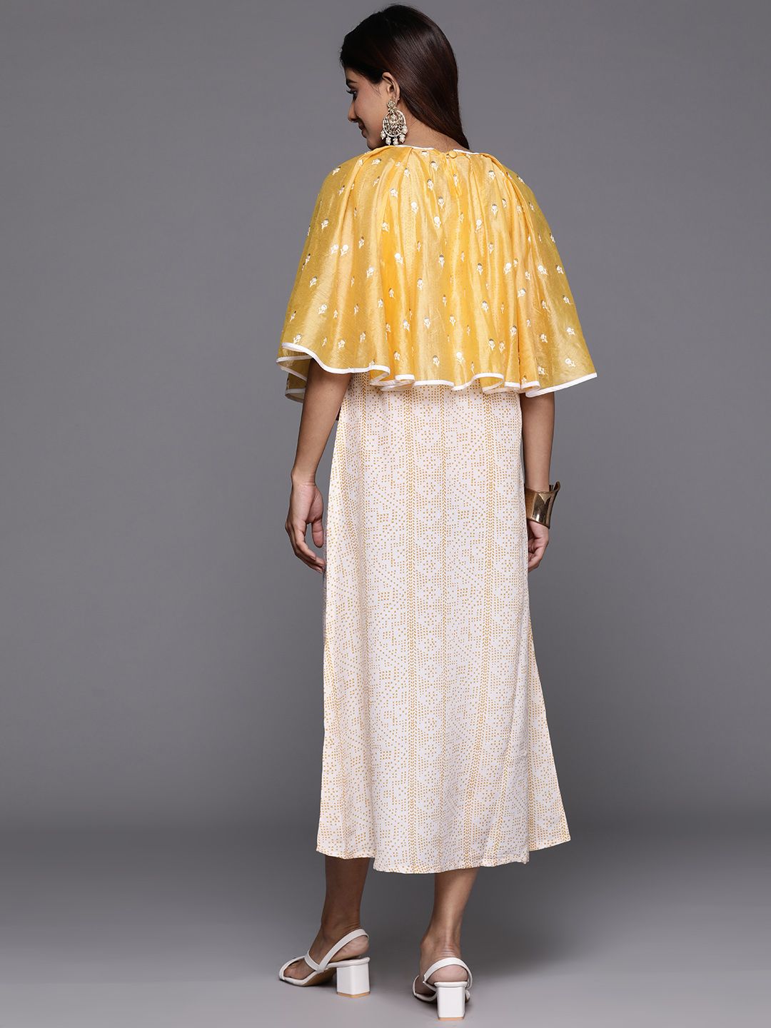 Indo Era Printed Embroidered Cape Sleeve Crepe A-Line Midi Dress