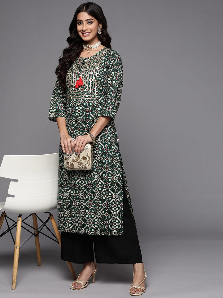 Varanga Women Green & Golden  Cotton Ethnic Motifs Printed Straight Kurta