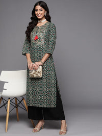 Varanga Women Green & Golden  Cotton Ethnic Motifs Printed Straight Kurta