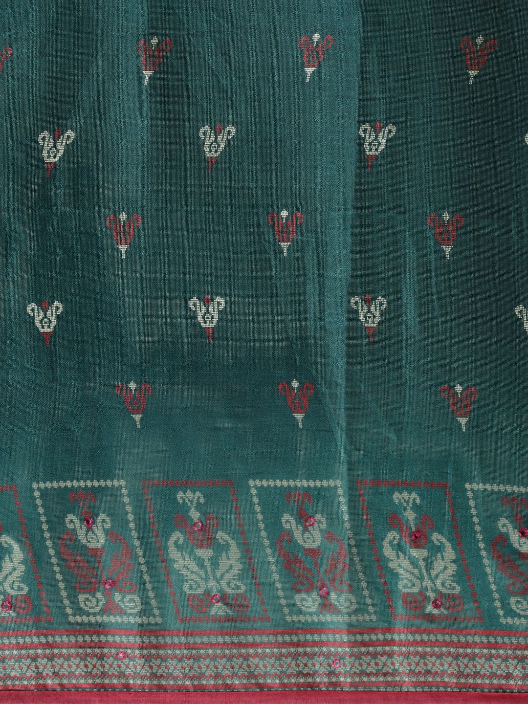 Saree mall Teal Blue & Red Jute Silk Printed Block Print Saree