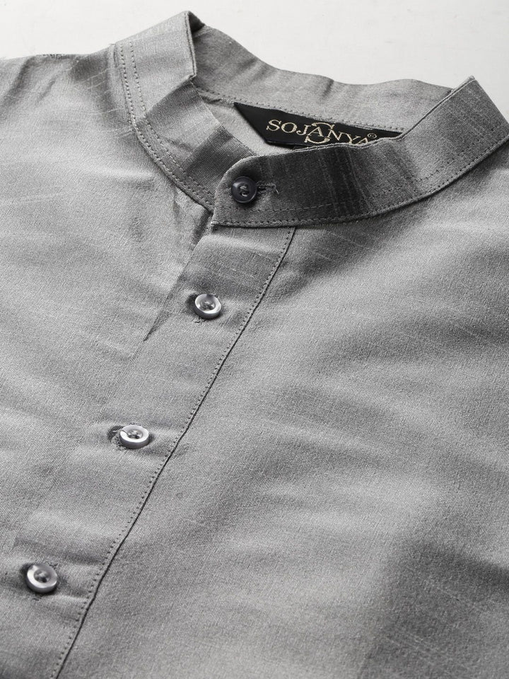 SOJANYA Men Grey & Pink Kurta with Pyjamas & Embroidered Nehru Jacket