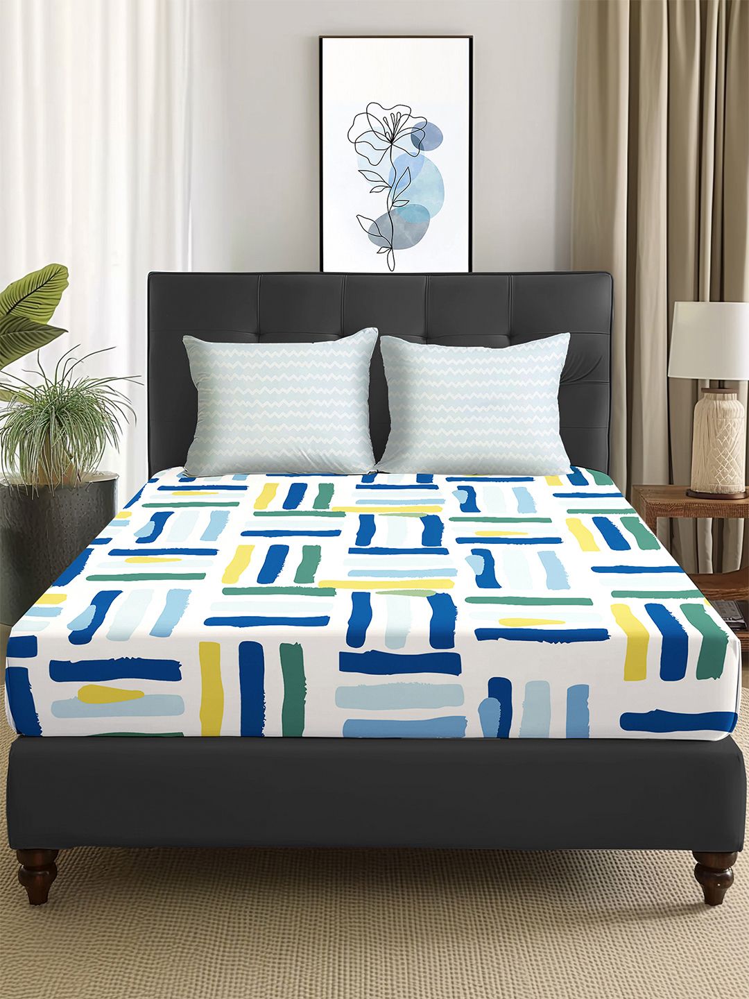 Story@home  Arena White & Blue Geometric Printed 180 TC Queen Bedsheet & 2 Pillow Covers