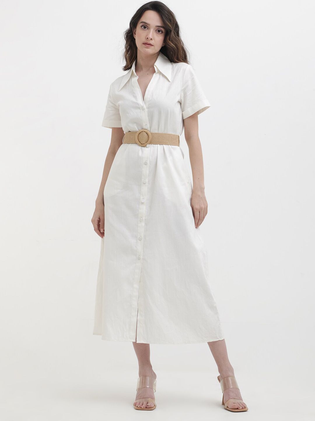 RAREISM Shirt Collar Cotton A-Line Midi Dress