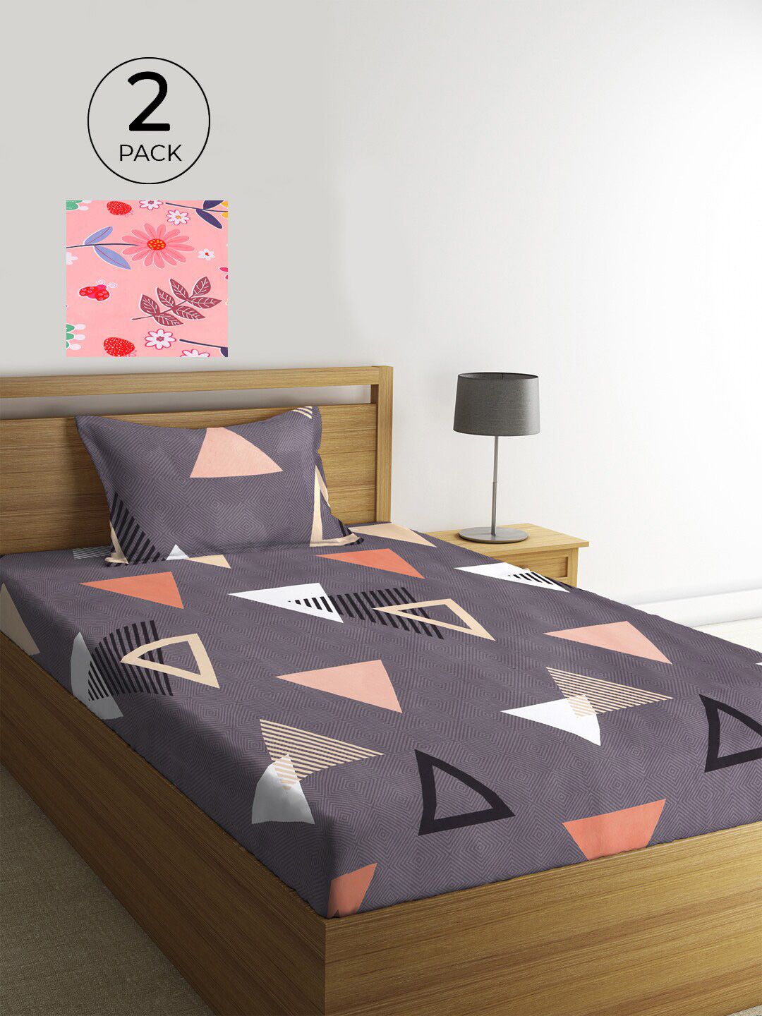 KLOTTHE Pink & Grey Geometric 300 TC 2 Single Bedsheet with 2 Pillow Covers
