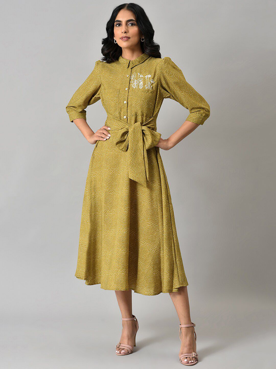 W Women Mustard Waist Belted A-Line Midi Dress