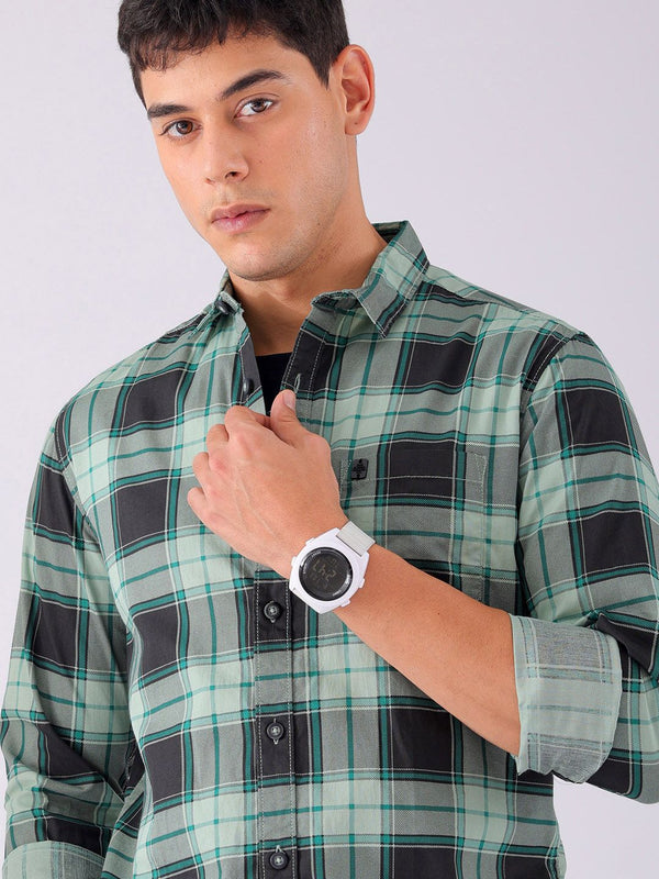 The Indian Garage Co Men Black & Green Tartan Checks Pure Cotton Casual Shirt
