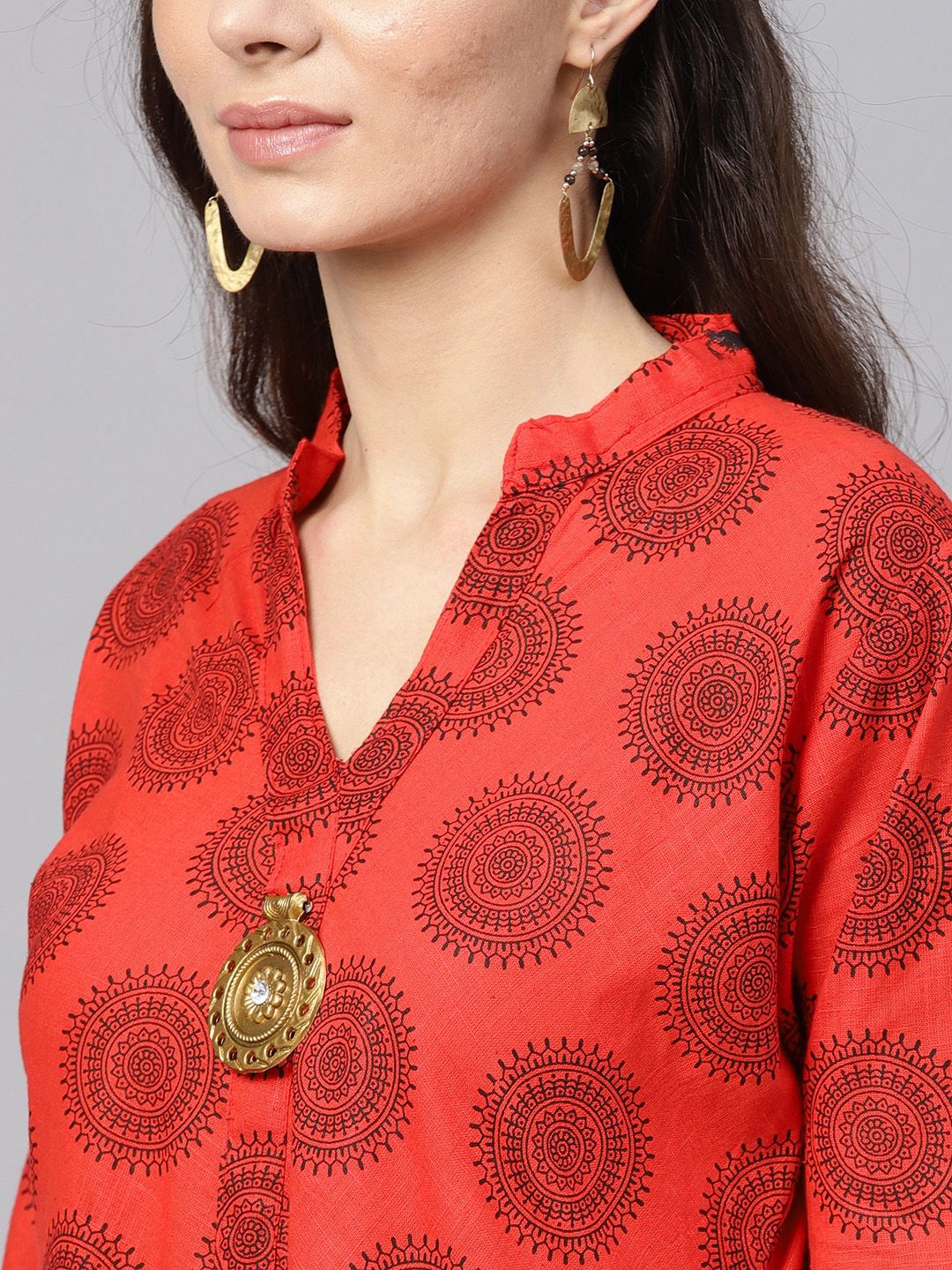 SOJANYA Kurta A-Line Bercetak Merah & Hitam