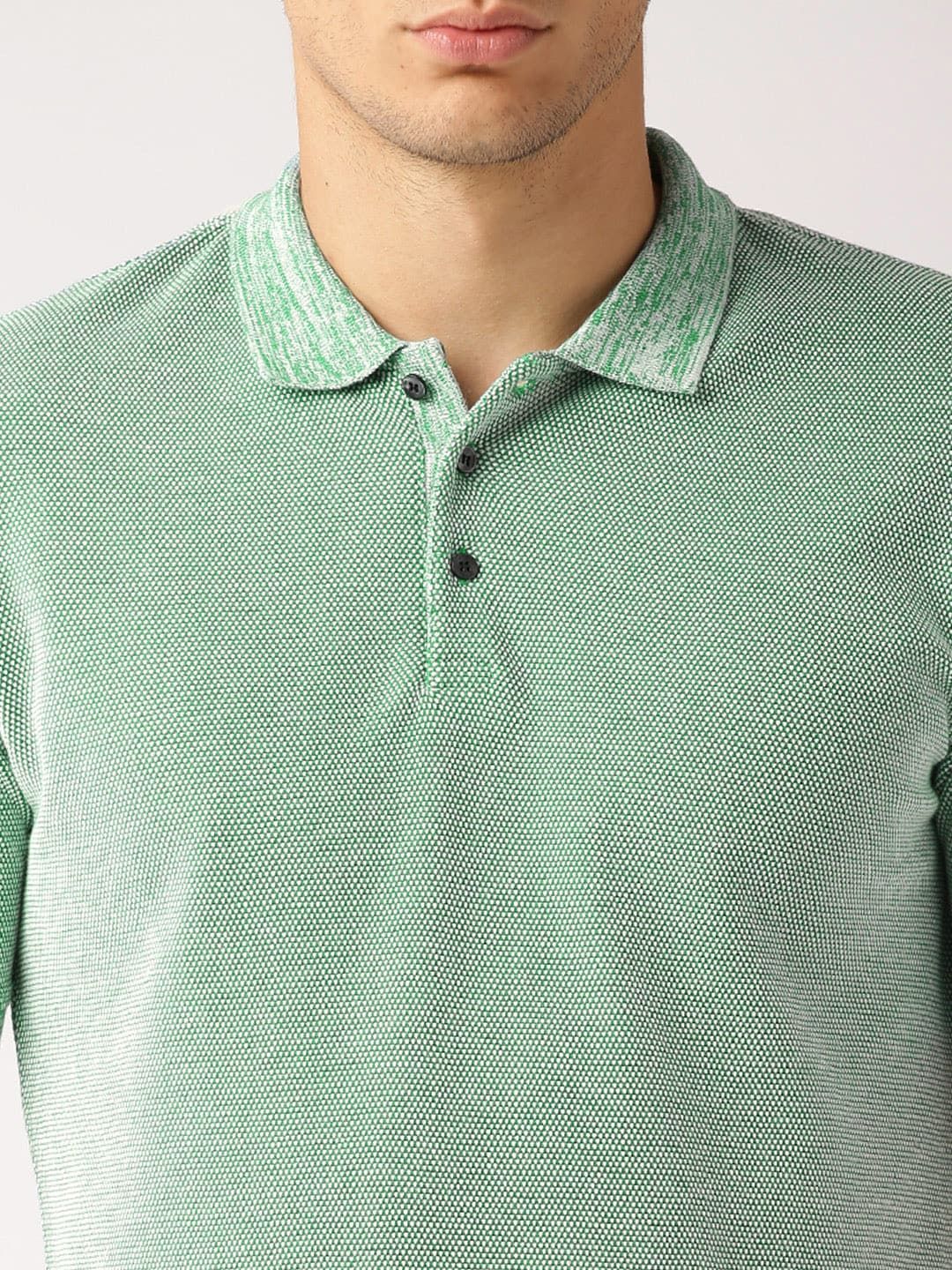 ether Men Green  White Self Design Slim Fit Polo Collar Pure Cotton T-shirt