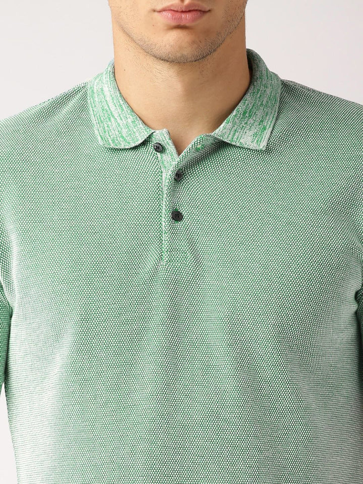 ether Men Green  White Self Design Slim Fit Polo Collar Pure Cotton T-shirt
