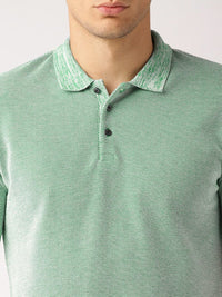 ether Men Green  White Self Design Slim Fit Polo Collar Pure Cotton T-shirt