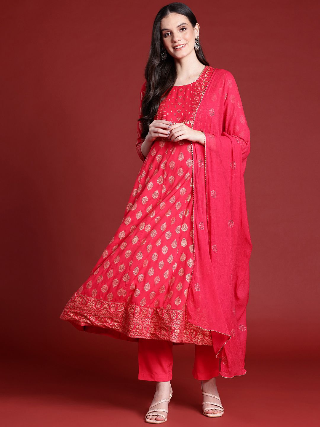 Anouk Ethnic Motifs Print A-Line Kurta with Trousers & Dupatta