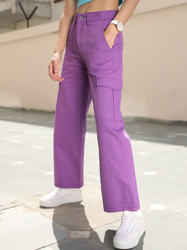 STREET 9 Women Lavender Relaxed High-Rise Cotton Cargo Trousers