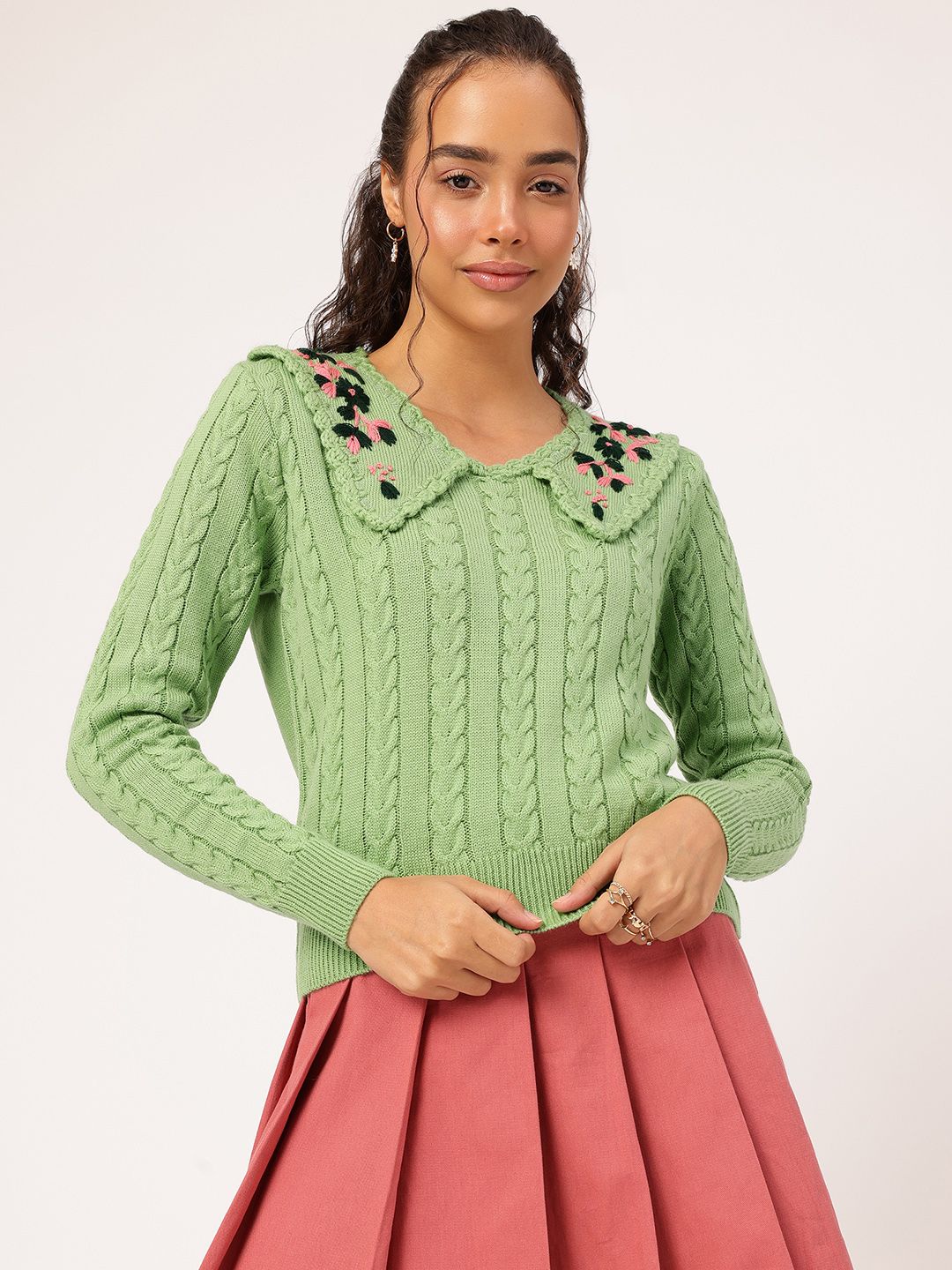 DressBerry Pure Acrylic Embroidered Detail Cable Knit Pullover