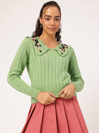 DressBerry Pure Acrylic Embroidered Detail Cable Knit Pullover