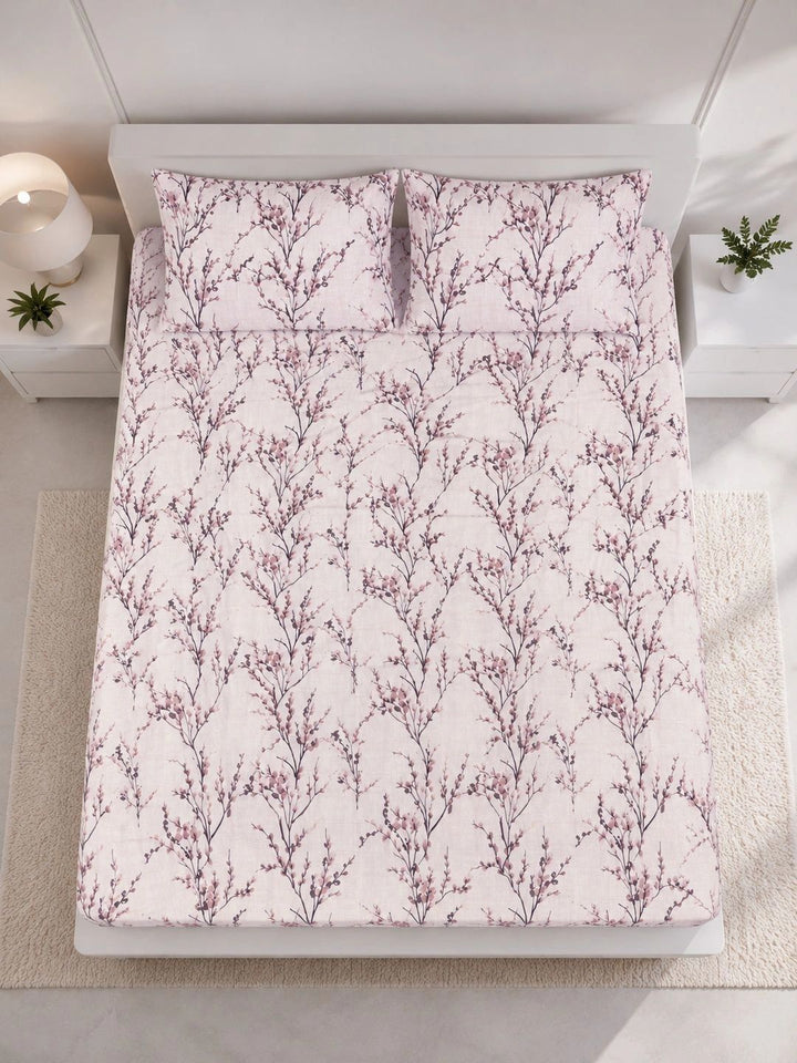 Myntra Elegant Homes Cream & Pink Floral 300 TC King Double Bedsheet dengan 2 Sarung Bantal