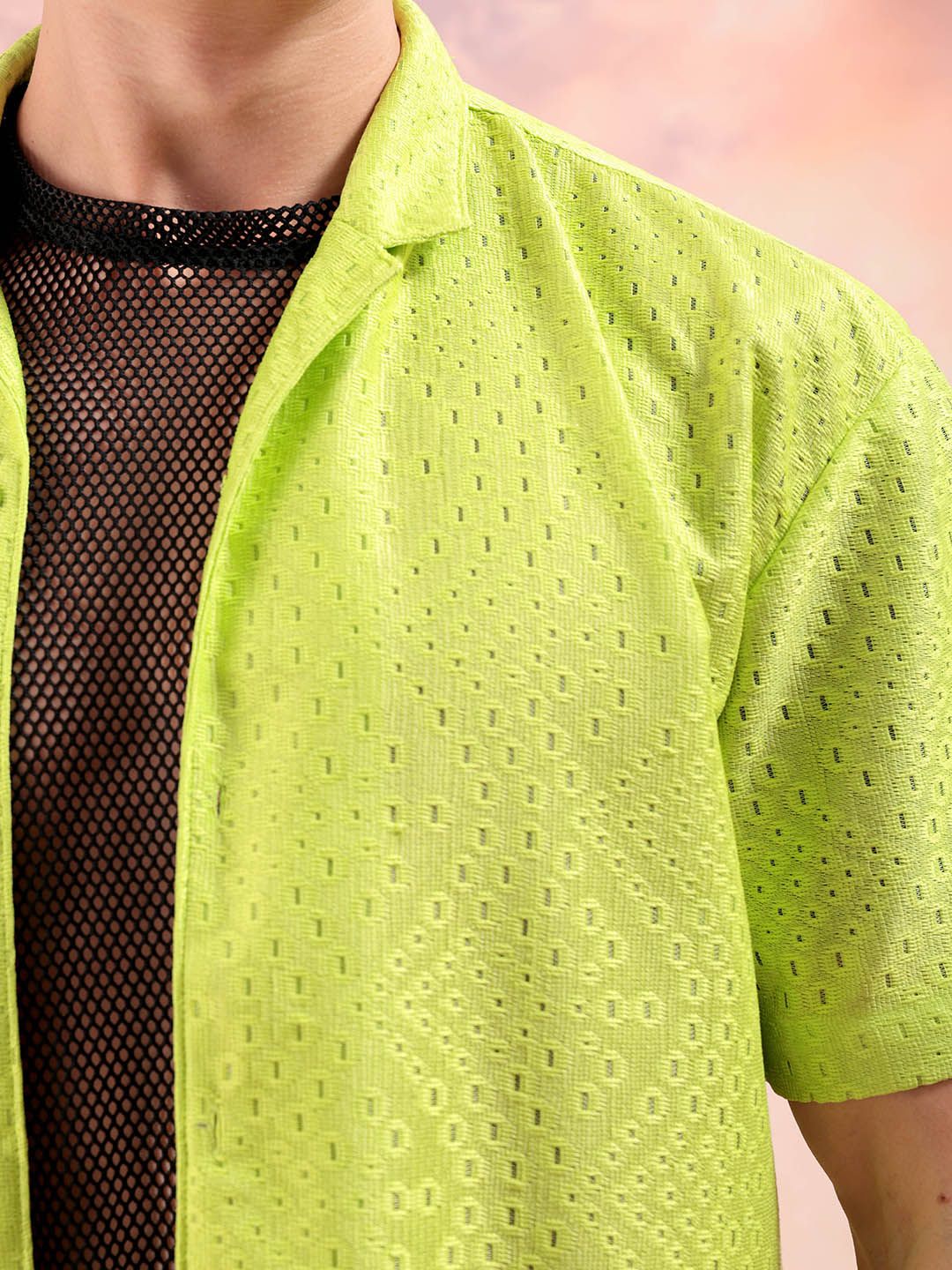 The Indian Garage Co Men Relaxed Fit Solid Warp Knit Lace Resortwear Shirt