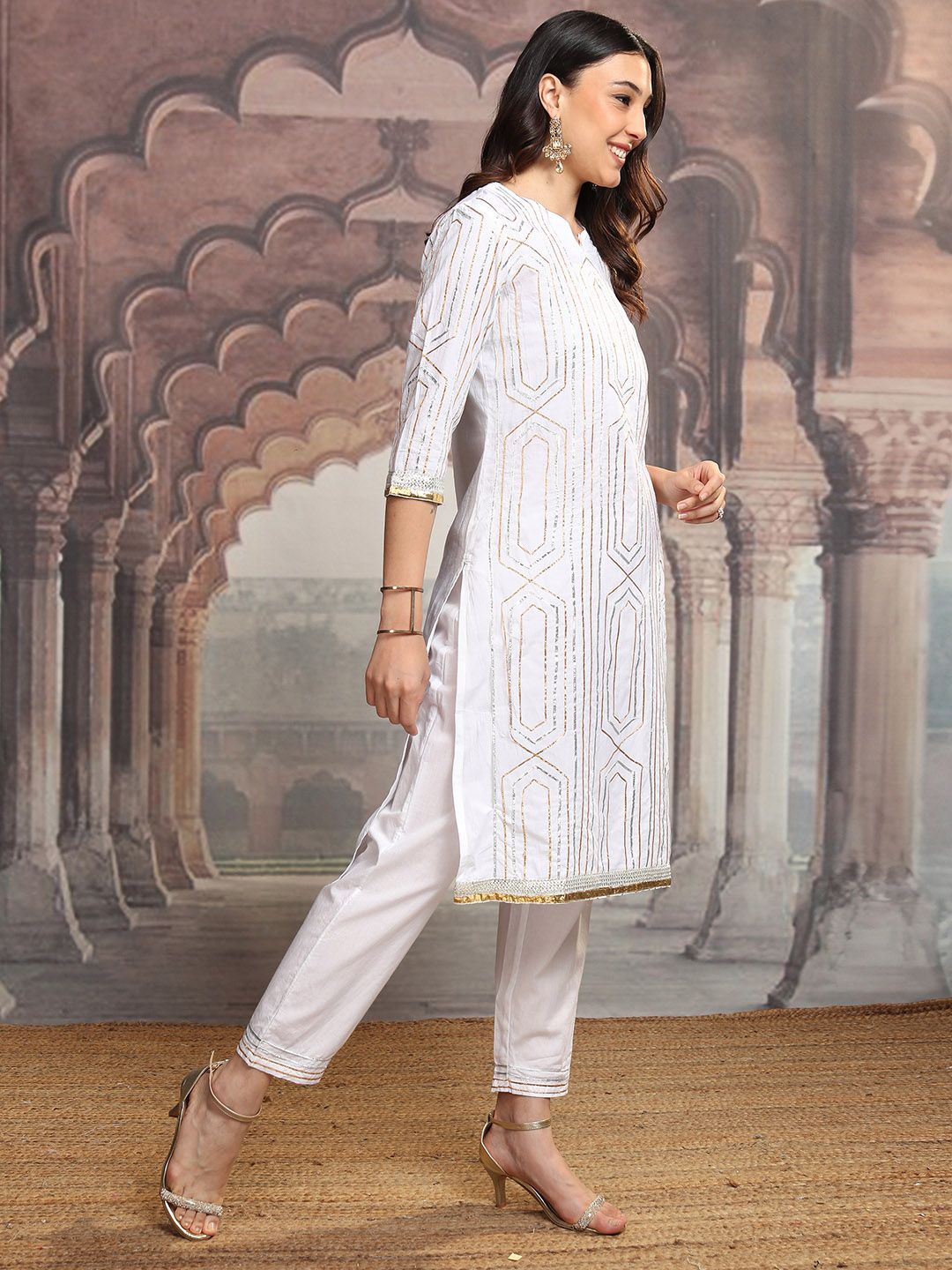 Vishudh White & Gold Embroidered Gotta Patti Pure Cotton Kurta with Trousers & Dupatta