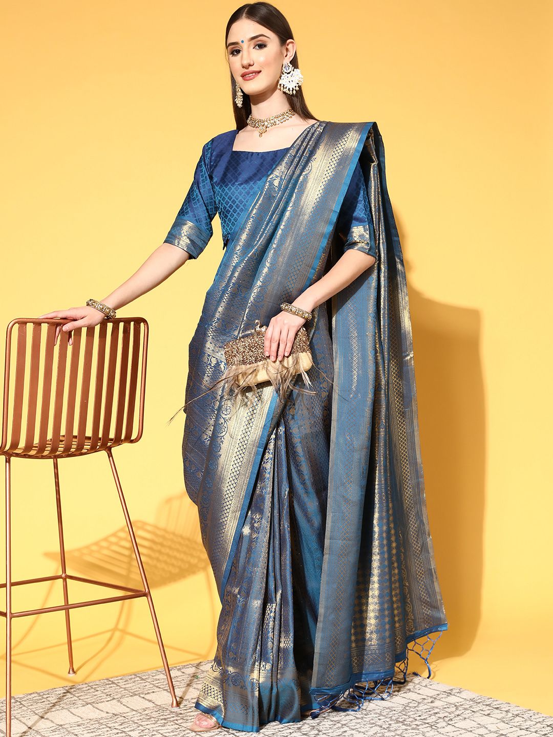 Saree mall Blue & Golden Ethnic Motifs Silk Blend Sarees