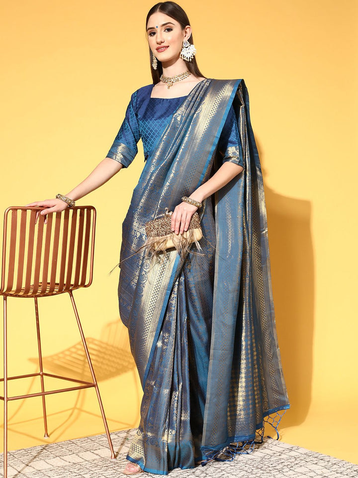 Saree mall Blue & Golden Ethnic Motifs Silk Blend Sarees