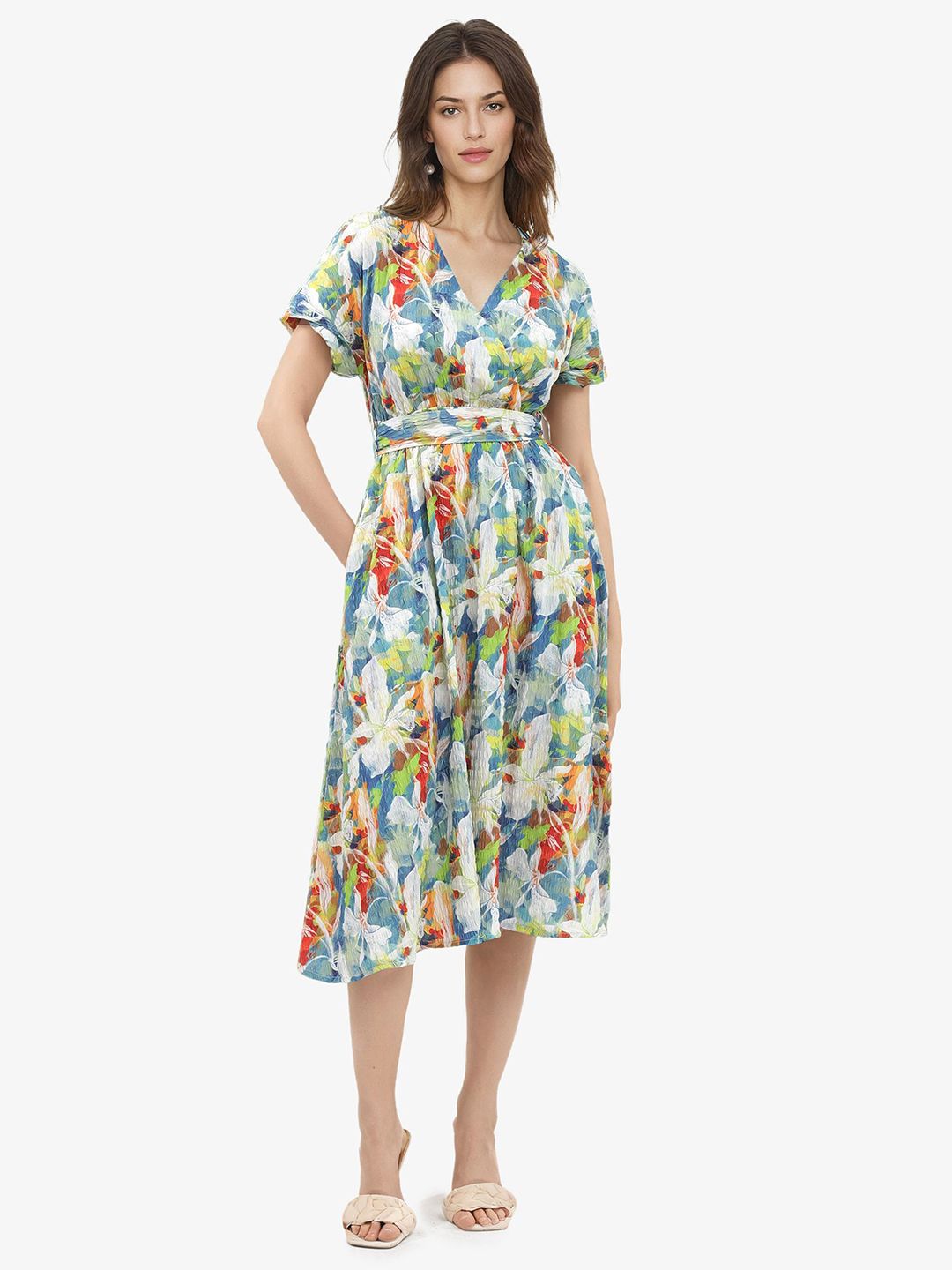 RAREISM V Neck Floral Printed Fit & Flare Midi Dress