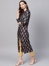 SOJANYA Women Navy Blue & Golden Foil Print Kurta Lurus