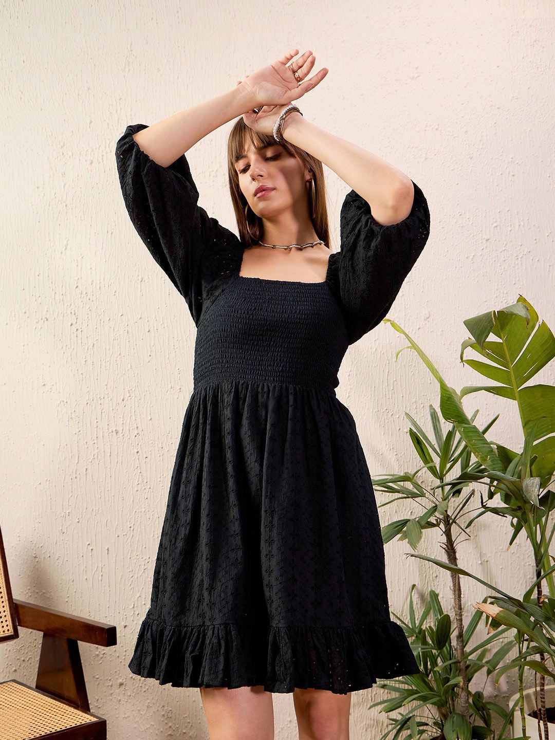 SASSAFRAS Black Schiffli Pure Cotton Fit & Flare Dress