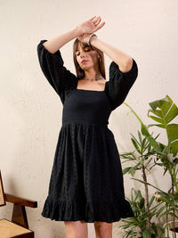 SASSAFRAS Black Schiffli Pure Cotton Fit & Flare Dress