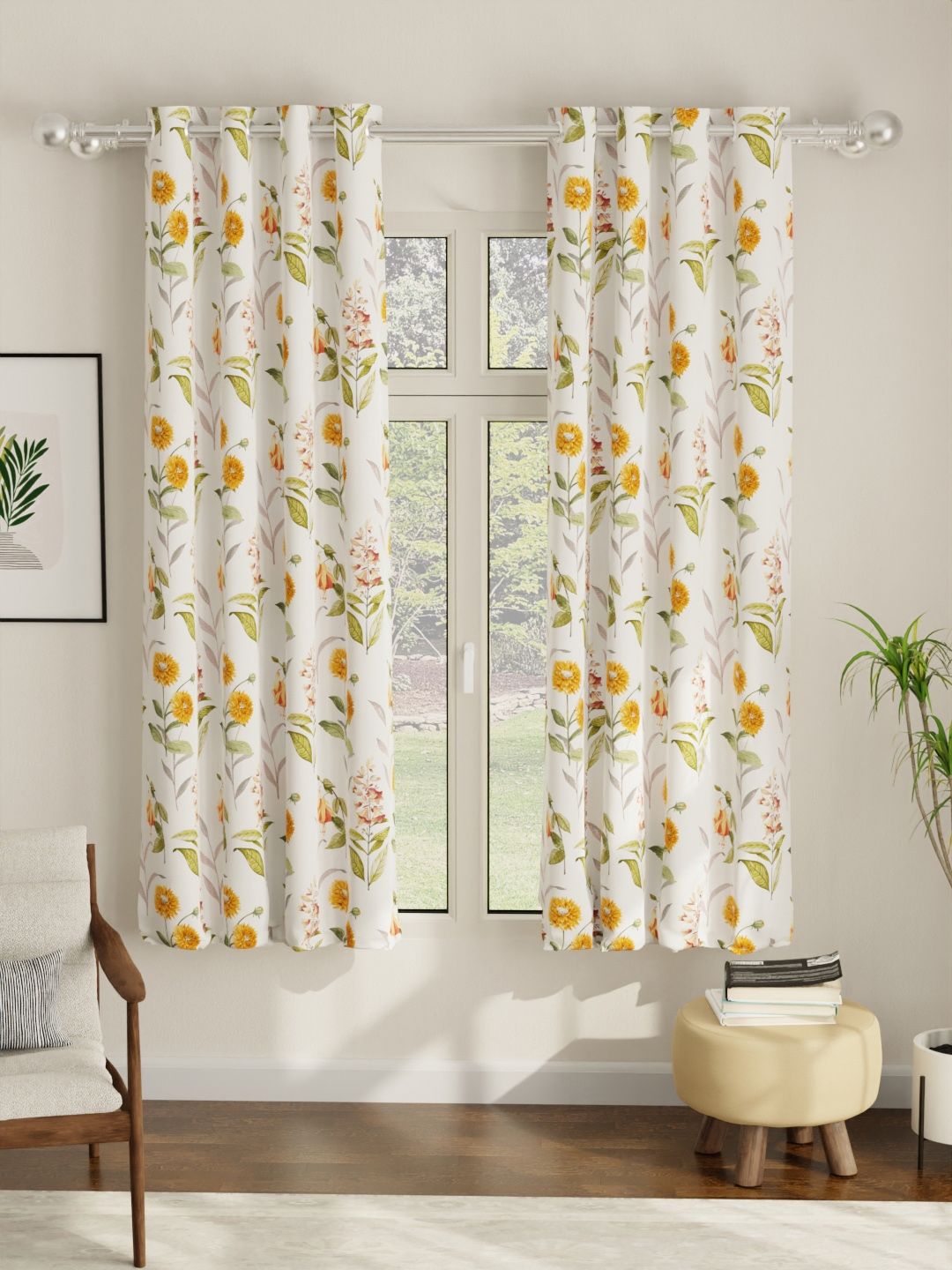 URBAN SPACE Pack of 2 White & Yellow Floral Printed Room Darkening Window Curtain