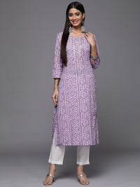 Varanga Women Lavender & White Bandhani Printed Gotta Patti Cotton Straight Kurta