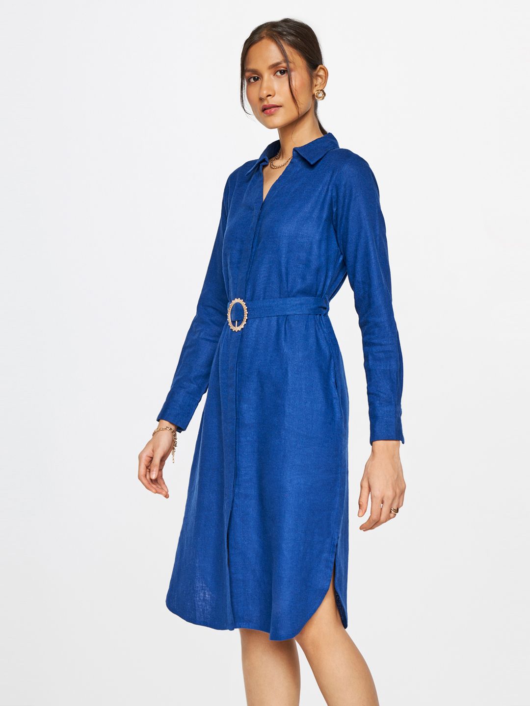 AND Opaque Shirt Collar Casual A-Line Midi Dress