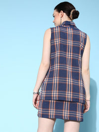 SASSAFRAS Women Blue & Orange Flannel Check Double-Breasted Blazer