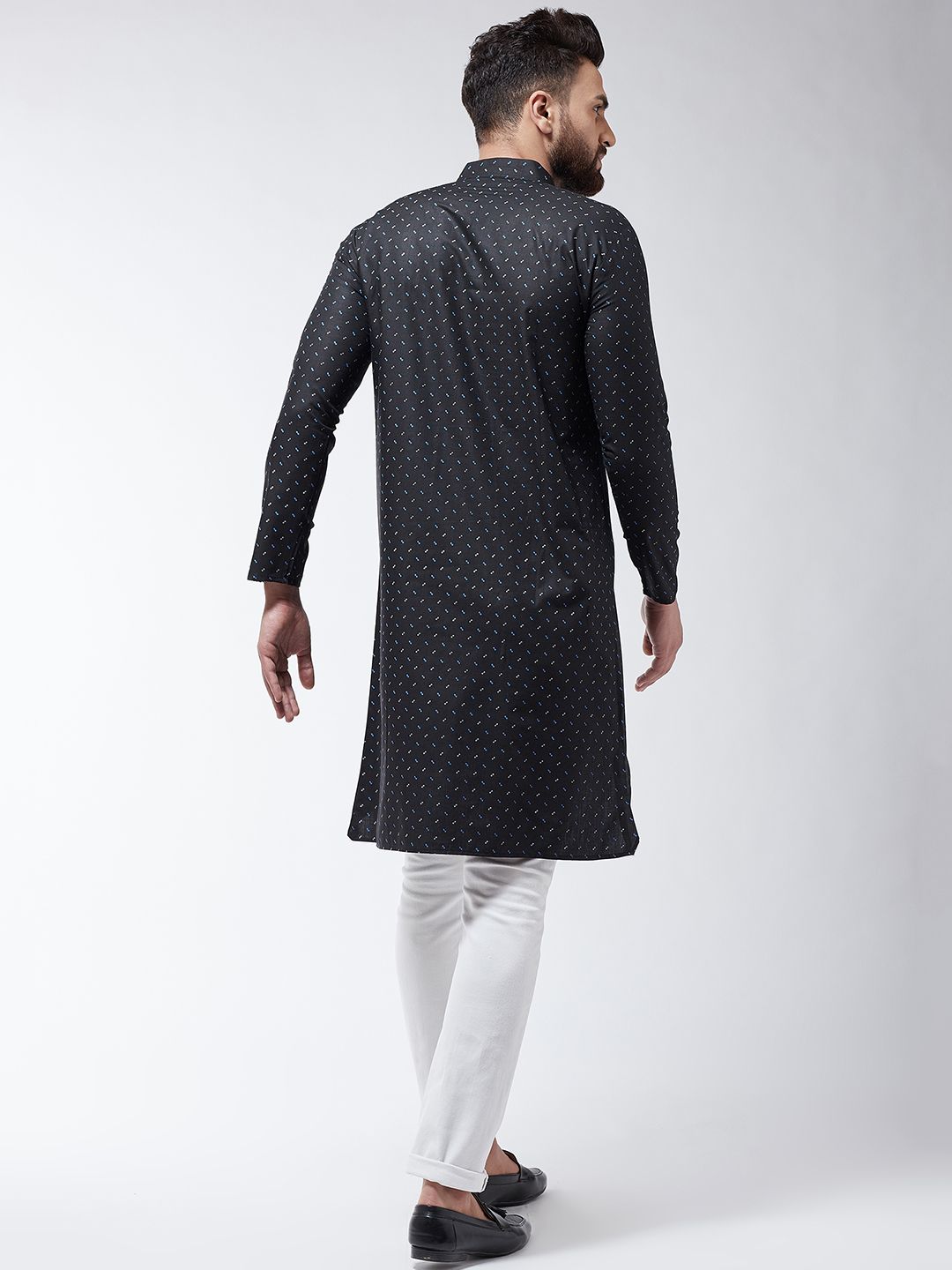 SOJANYA Lelaki Black Printed Cotton Linen Kurta Lurus