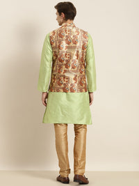 SOJANYA Men Green Striped Kurta with Churidar & Nehru Jacket