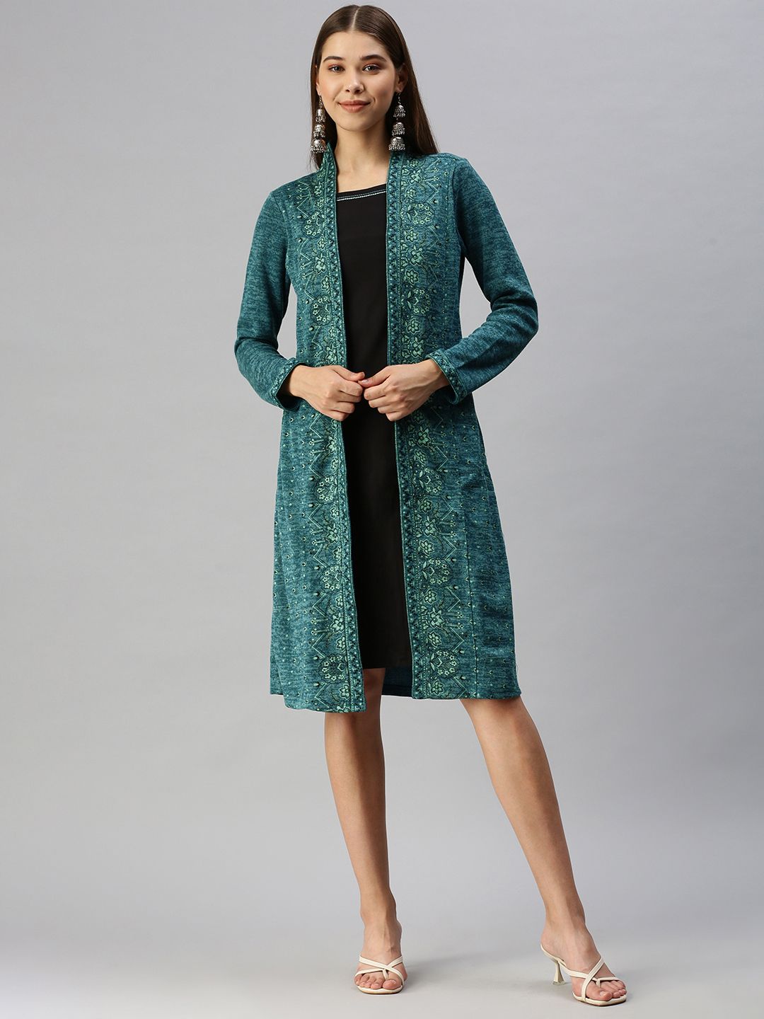 Global Desi Blue & Black Floral A-Line Dress With a Layer