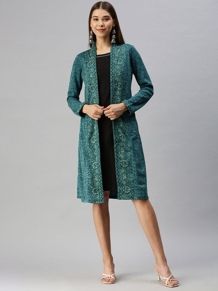 Global Desi Blue & Black Floral A-Line Dress With a Layer