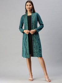 Global Desi Blue & Black Floral A-Line Dress With a Layer